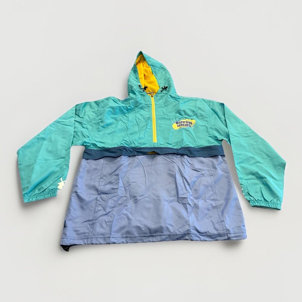 Dutch Bros Mens Blue Teal Yellow Hooded Windbreaker Retro Jacket Size M Medium